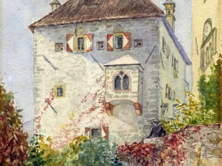 Schilderijtje uit 1910 van de Wehrburg gemaakt door juffr Louise Wittich, de gezelschapsdame van Maxe, die (na Maxes dood) Armgard en &Aacute;rp&aacute;d af en toe kwam bijstaan.