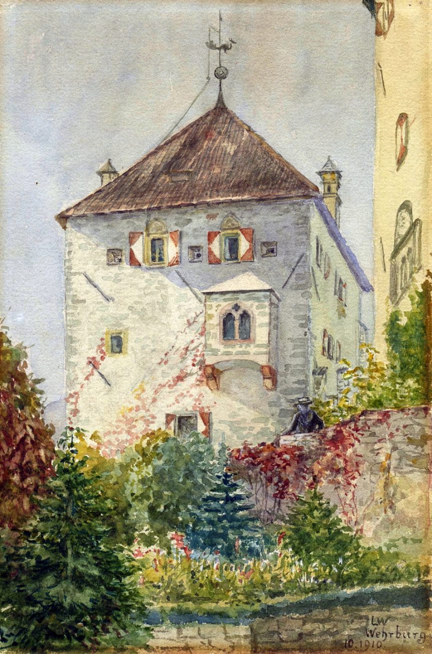 Schilderijtje uit 1910 van de Wehrburg gemaakt door juffr Louise Wittich, de gezelschapsdame van Maxe, die (na Maxes dood) Armgard en Árpád af en toe kwam bijstaan.