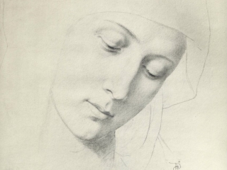Schets Ella von Arnim-Riese die poseerde als Madonna voor een schilderij dat in de Berlijnse Dom gehangen heeft. Het schilderij is verloren gegaan bij het bombardement op Berlijn.